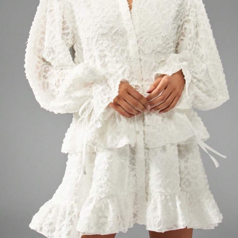 MISSGUIDED Textured Embroidered Georgette Shirt Dress With Tiered Ruffle Hem